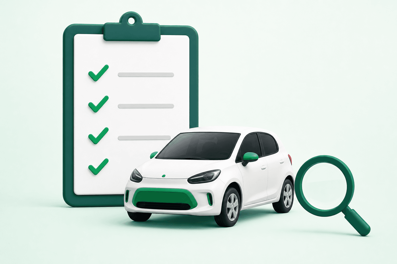 Prancheta com checklist, lupa de pesquisa e carro elétrico em fundo claro